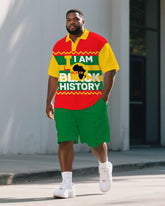 Big Men's Stripe Splicing Style BLACK HISTORY Juneteenth Theme Short Sleeve Polo Shirt Shorts Suit